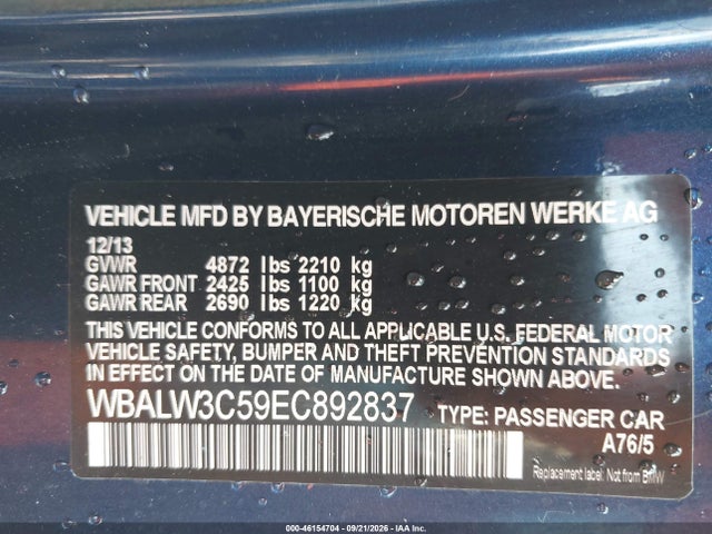 Продаж на аукціоні авто 2014 Bmw 640i, vin: WBALW3C59EC892837, номер лоту: 46154704