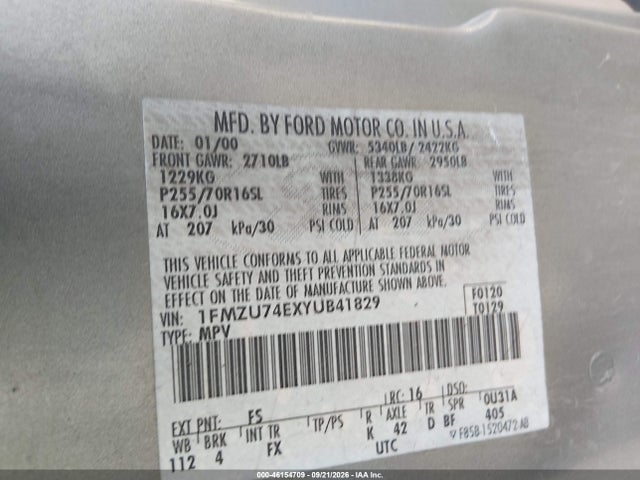 Aukcja sprzedaży 2000 Ford Explorer Eddie Bauer, vin: 1FMZU74EXYUB41829, numer aukcji: 46154709