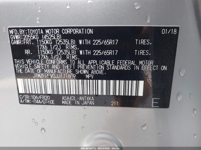 46154712 :رقم المزاد ، JTMZFREV0JJ171809 vin ، 2018 Toyota Rav4 Le مزاد بيع
