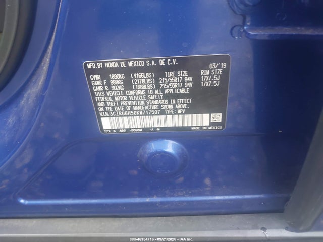 46154716 :رقم المزاد ، 3CZRU6H50KM717507 vin ، 2019 Honda Hr-v Ex مزاد بيع