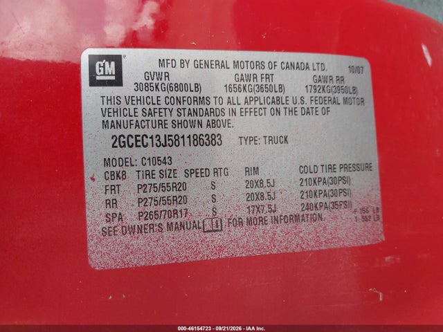 46154723 :رقم المزاد ، 2GCEC13J581186383 vin ، 2008 Chevrolet Silverado 1500 Lt1 مزاد بيع