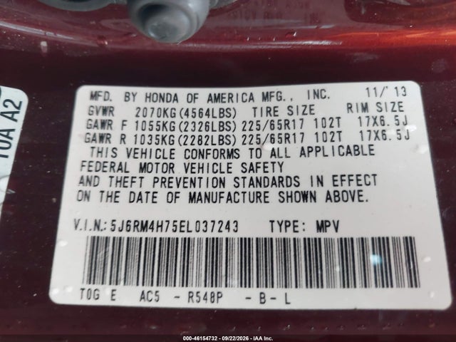 2014 Honda Cr-v Ex-l მანქანა იყიდება აუქციონზე, vin: 5J6RM4H75EL037243, აუქციონის ნომერი: 46154732
