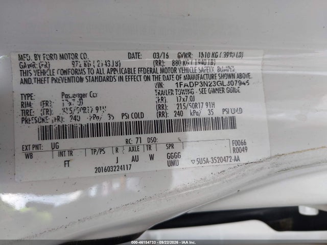 46154733 :رقم المزاد ، 1FADP3N23GL307945 vin ، 2016 Ford Focus Titanium مزاد بيع