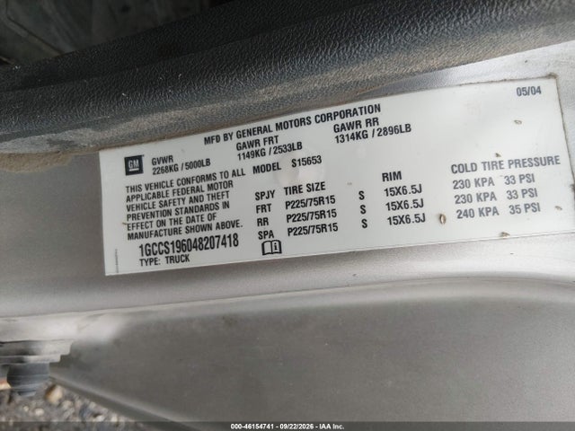 Продаж на аукціоні авто 2004 Chevrolet Colorado Ls, vin: 1GCCS196048207418, номер лоту: 46154741