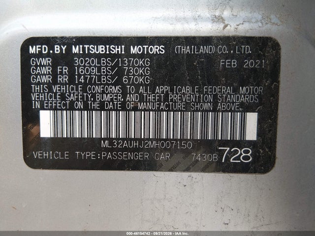 Aukcja sprzedaży 2021 Mitsubishi Mirage, vin: ML32AUHJ2MH007150, numer aukcji: 46154742
