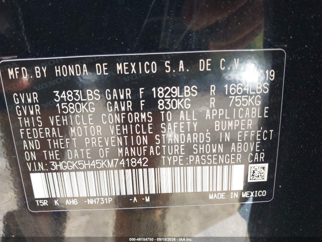 46154750 :رقم المزاد ، 3HGGK5H45KM741842 vin ، 2019 Honda Fit Lx مزاد بيع