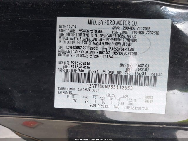 2005 Ford Mustang V6 Deluxe/v6 Premium მანქანა იყიდება აუქციონზე, vin: 1ZVFT80N755112653, აუქციონის ნომერი: 46154753