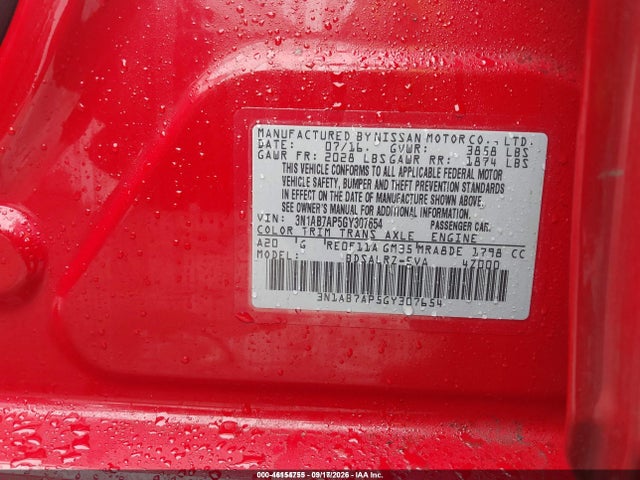 Aukcja sprzedaży 2016 Nissan Sentra Sr, vin: 3N1AB7AP5GY307654, numer aukcji: 46154755