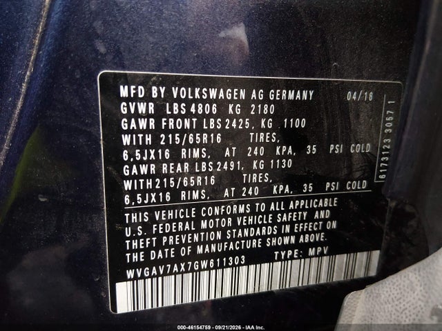 Aukcja sprzedaży 2016 Volkswagen Tiguan S, vin: WVGAV7AX7GW611303, numer aukcji: 46154759