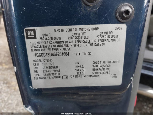 46154774 :رقم المزاد ، 1GCGC13U46F251684 vin ، 2006 Chevrolet Silverado 1500hd Lt1 مزاد بيع