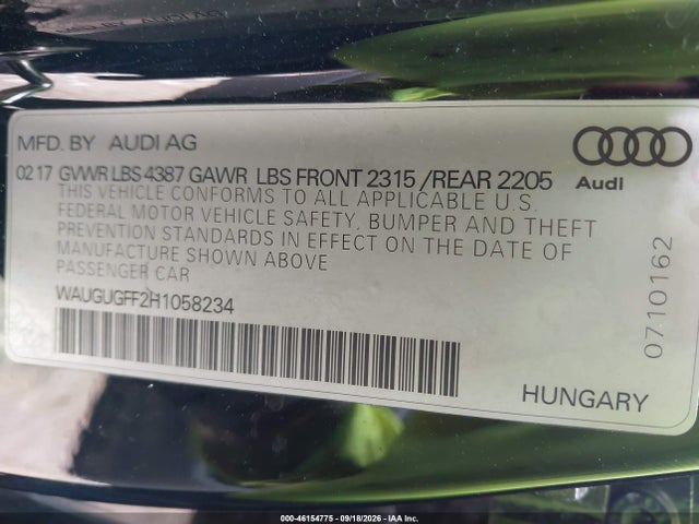 46154775 :رقم المزاد ، WAUGUGFF2H1058234 vin ، 2017 Audi A3 2.0t Premium مزاد بيع