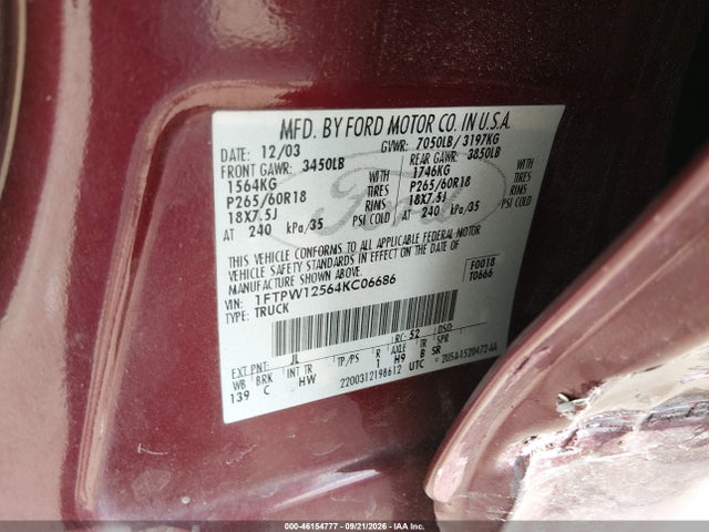 Продаж на аукціоні авто 2004 Ford F-150 Lariat/xlt, vin: 1FTPW12564KC06686, номер лоту: 46154777