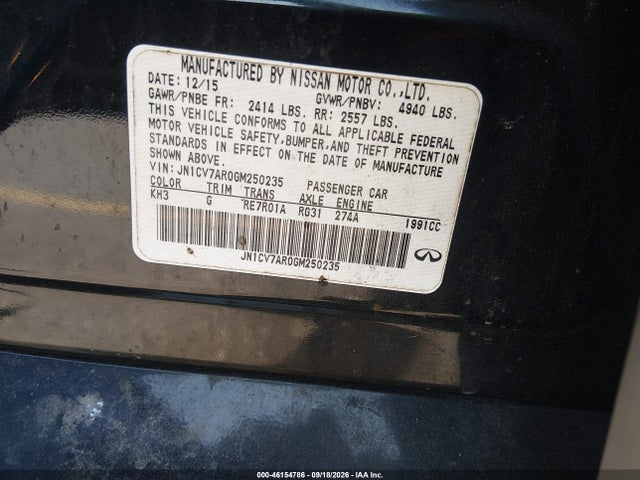 2016 Infiniti Q50 2.0t Base მანქანა იყიდება აუქციონზე, vin: JN1CV7AR0GM250235, აუქციონის ნომერი: 46154786