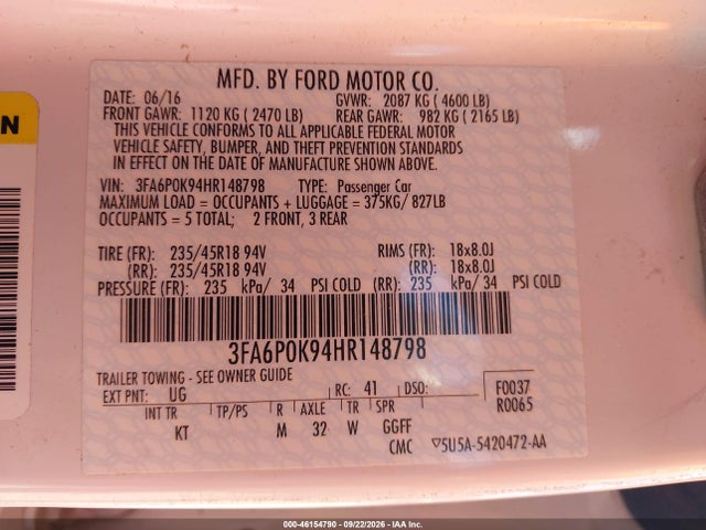 46154790 :رقم المزاد ، 3FA6P0K94HR148798 vin ، 2017 Ford Fusion Titanium مزاد بيع
