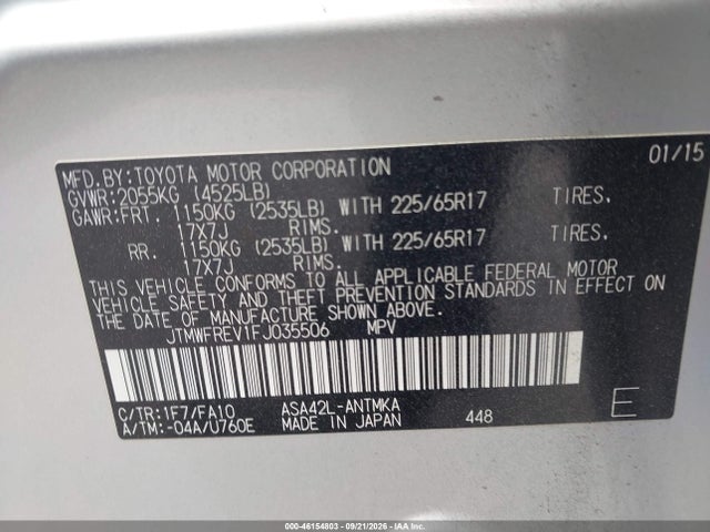 Aukcja sprzedaży 2015 Toyota Rav4 Xle, vin: JTMWFREV1FJ035506, numer aukcji: 46154803