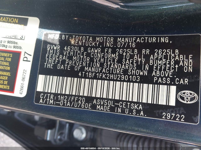 Aukcja sprzedaży 2017 Toyota Camry Se, vin: 4T1BF1FK2HU290103, numer aukcji: 46154804