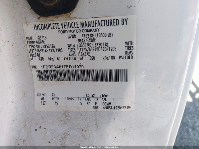 2015 Ford F-350 Xl მანქანა იყიდება აუქციონზე, vin: 1FDRF3A61FED11079, აუქციონის ნომერი: 46154808