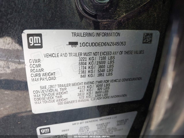 2022 Chevrolet Silverado 1500 4wd  Standard Bed Lt მანქანა იყიდება აუქციონზე, vin: 1GCUDDED6NZ645053, აუქციონის ნომერი: 46154809
