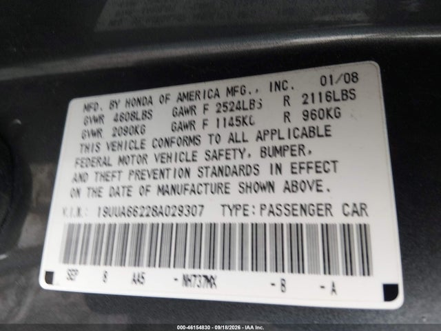 Продаж на аукціоні авто 2008 Acura Tl 3.2, vin: 19UUA66228A029307, номер лоту: 46154830