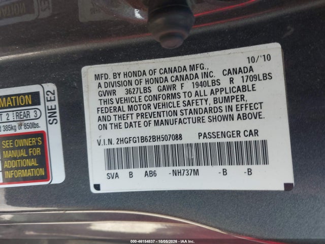 Aukcja sprzedaży 2011 Honda Civic Lx, vin: 2HGFG1B62BH507088, numer aukcji: 46154837