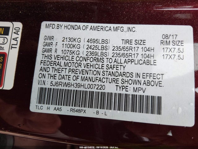 Продажа на аукционе авто 2017 Honda Cr-v Lx, vin: 5J6RW6H39HL007220, номер лота: 46154839