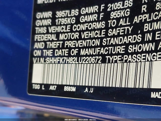 Aukcja sprzedaży 2020 Honda Civic Ex-l, vin: SHHFK7H82LU220672, numer aukcji: 46154852