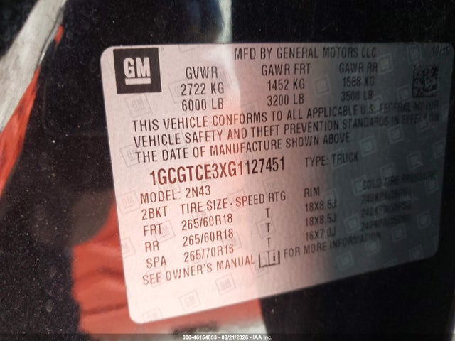 46154853 :رقم المزاد ، 1GCGTCE3XG1127451 vin ، 2016 Chevrolet Colorado Lt مزاد بيع
