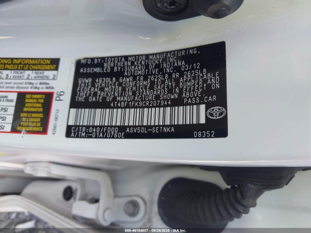 Auction sale of the 2012 Toyota Camry Le, vin: 4T4BF1FK9CR207944, lot number: 46154857