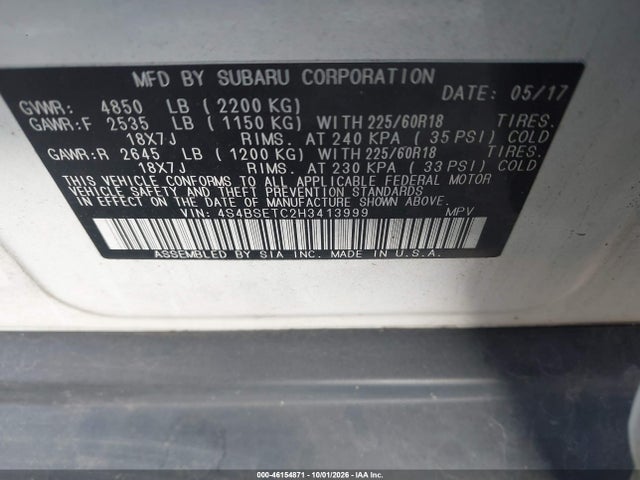 Aukcja sprzedaży 2017 Subaru Outback 3.6r Touring, vin: 4S4BSETC2H3413999, numer aukcji: 46154871