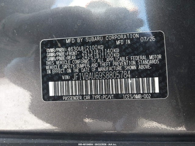 2025 Subaru Wrx Gt მანქანა იყიდება აუქციონზე, vin: JF1VBAU69S8805784, აუქციონის ნომერი: 46154884