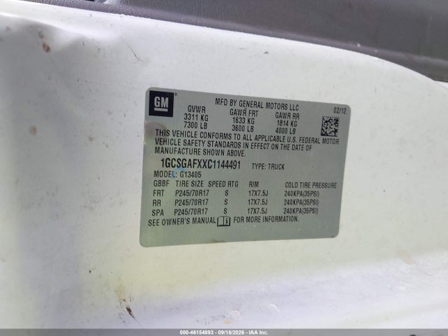 Auction sale of the 2012 Chevrolet Express 1500 Work Van, vin: 1GCSGAFXXC1144491, lot number: 46154893