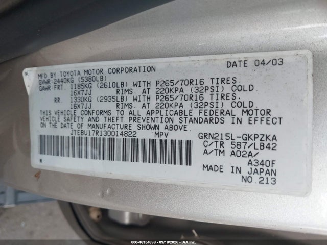 Auction sale of the 2003 Toyota 4runner Limited V6, vin: JTEBU17R130014822, lot number: 46154899