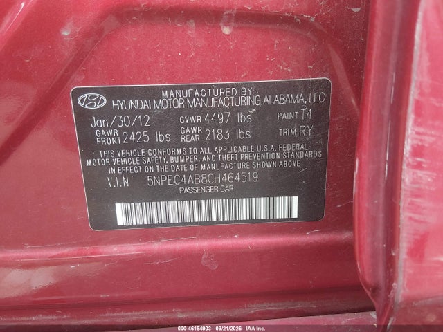 Продажа на аукционе авто 2012 Hyundai Sonata Se 2.0t, vin: 5NPEC4AB8CH464519, номер лота: 46154903