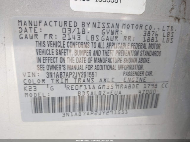 2018 Nissan Sentra S მანქანა იყიდება აუქციონზე, vin: 3N1AB7AP2JY291551, აუქციონის ნომერი: 46154911