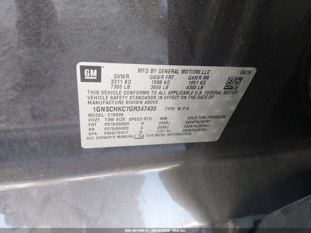 Продаж на аукціоні авто 2016 Chevrolet Suburban Lt, vin: 1GNSCHKC7GR347439, номер лоту: 46154914