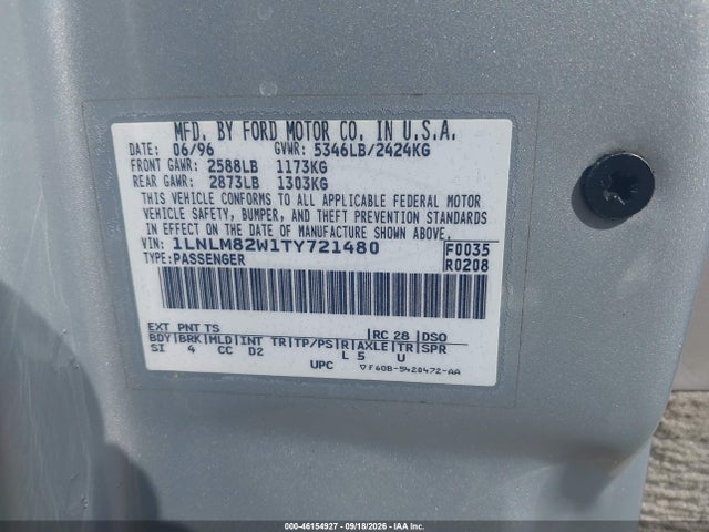 46154927 :رقم المزاد ، 1LNLM82W1TY721480 vin ، 1996 Lincoln Town Car Sgn/dmnd Anv/cypress/jn مزاد بيع