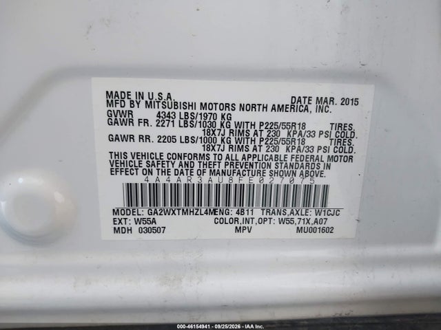 Mitsubishi Outlander Sport Es 2015 4A4AR3AU8FE027075 Image 9
