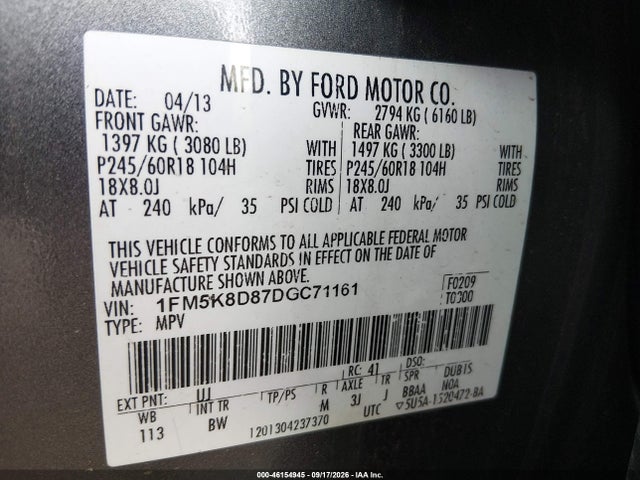 46154945 :رقم المزاد ، 1FM5K8D87DGC71161 vin ، 2013 Ford Explorer Xlt مزاد بيع