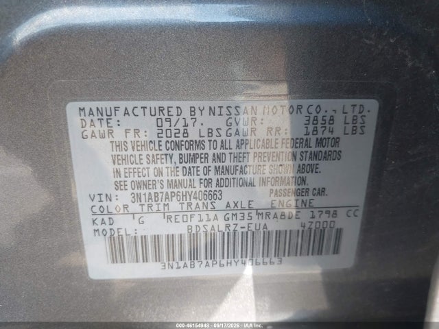 Aukcja sprzedaży 2017 Nissan Sentra Sr, vin: 3N1AB7AP6HY406663, numer aukcji: 46154948