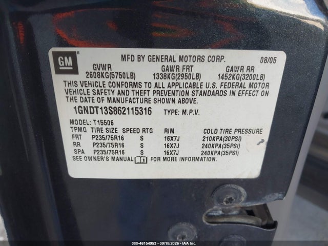 Aukcja sprzedaży 2006 Chevrolet Trailblazer Ls, vin: 1GNDT13S862115316, numer aukcji: 46154953