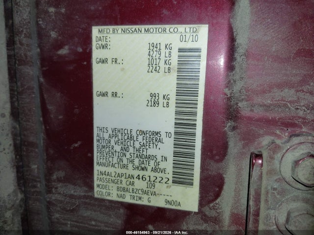2010 Nissan Altima 2.5 S მანქანა იყიდება აუქციონზე, vin: 1N4AL2AP1AN461222, აუქციონის ნომერი: 46154963