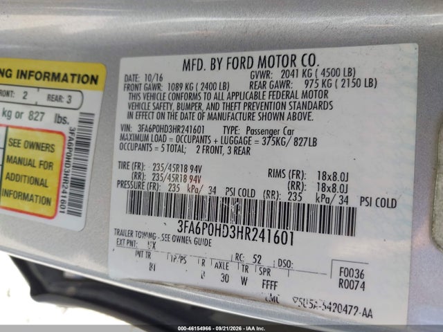 2017 Ford Fusion Se მანქანა იყიდება აუქციონზე, vin: 3FA6P0HD3HR241601, აუქციონის ნომერი: 46154966