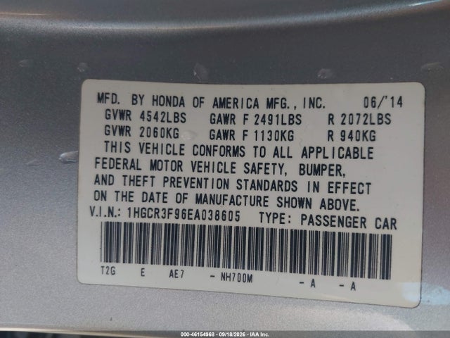 Продажа на аукционе авто 2014 Honda Accord Touring, vin: 1HGCR3F96EA038605, номер лота: 46154968