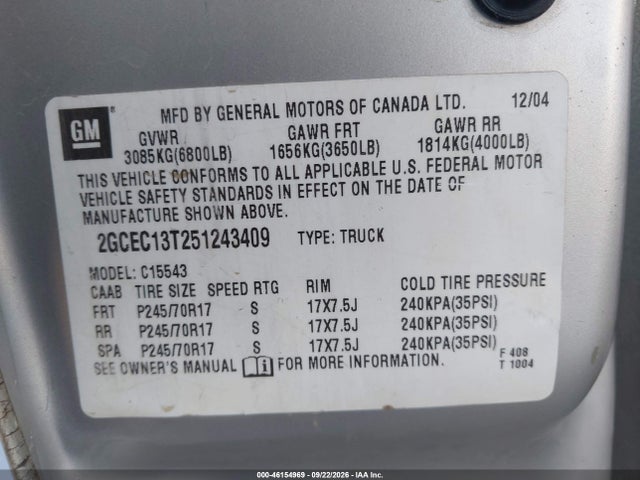 Aukcja sprzedaży 2005 Chevrolet Silverado 1500 Ls, vin: 2GCEC13T251243409, numer aukcji: 46154969