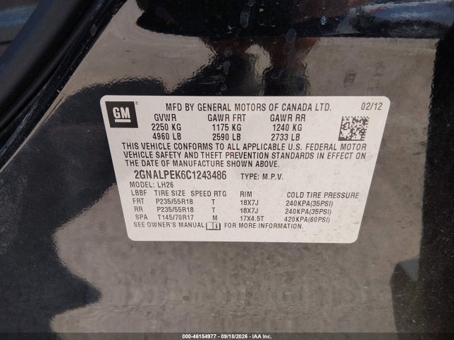 Продаж на аукціоні авто 2012 Chevrolet Equinox 2lt, vin: 2GNALPEK6C1243486, номер лоту: 46154977
