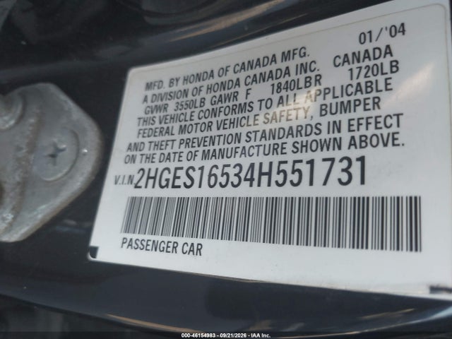Продажа на аукционе авто 2004 Honda Civic Lx, vin: 2HGES16534H551731, номер лота: 46154983