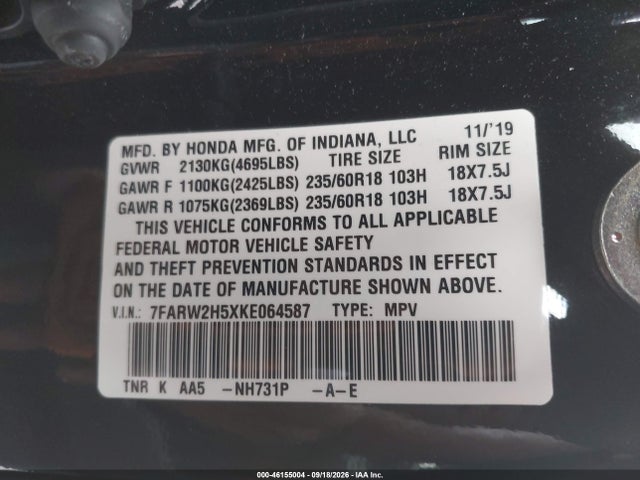 Aukcja sprzedaży 2019 Honda Cr-v Ex, vin: 7FARW2H5XKE064587, numer aukcji: 46155004