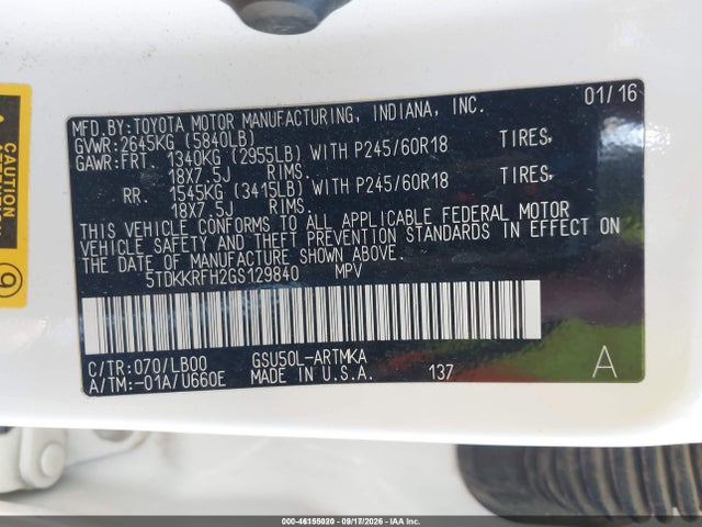 46155020 :رقم المزاد ، 5TDKKRFH2GS129840 vin ، 2016 Toyota Highlander Xle V6 مزاد بيع
