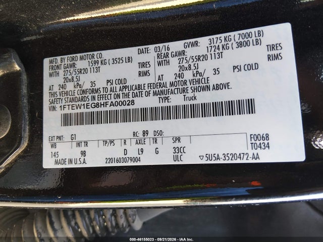 46155023 :رقم المزاد ، 1FTEW1EG8HFA00028 vin ، 2017 Ford F-150 Platinum مزاد بيع