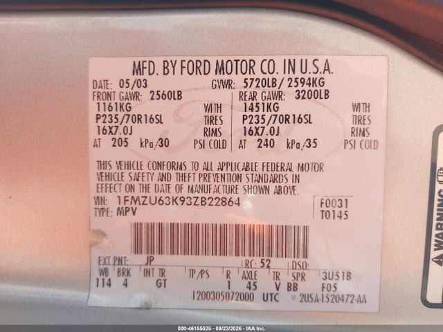 46155025 :رقم المزاد ، 1FMZU63K93ZB22864 vin ، 2003 Ford Explorer Nbx/xlt مزاد بيع